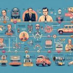 Ligne du temps illustrée montrant l'évolution de l'intelligence artificielle depuis les années 1950 jusqu'à aujourd'hui, avec des icônes représentant des étapes clés comme Alan Turing, les systèmes experts, et les technologies modernes comme la reconnaissance vocale et les voitures autonomes.