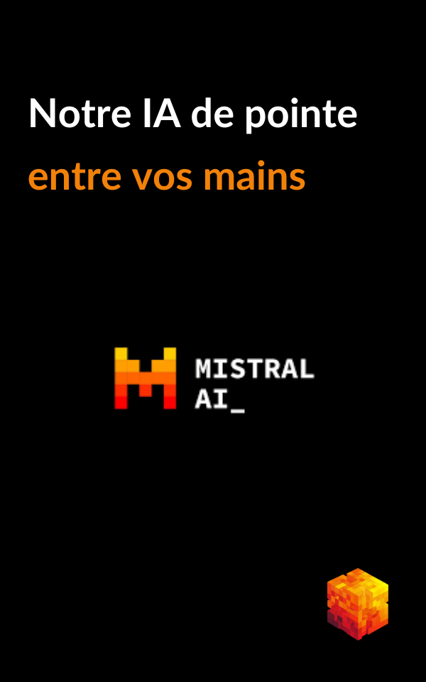 Logo de Mistral AI avec le slogan "Notre IA de pointe entre vos mains"