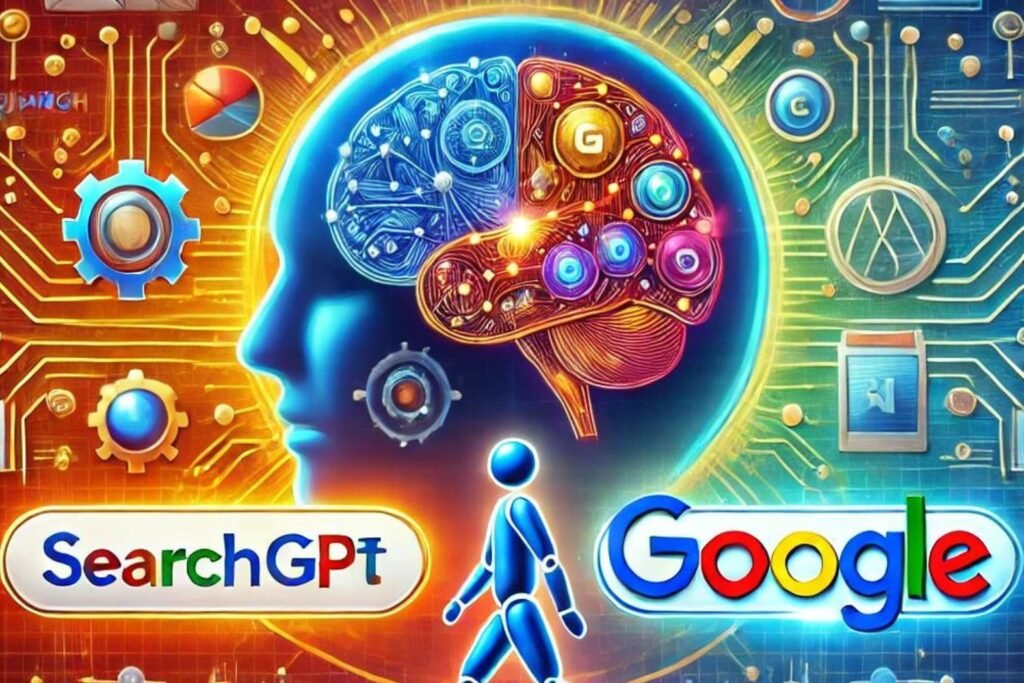 Illustration de la concurrence entre SearchGPT et Google, mettant en avant l'intelligence artificielle avec des graphismes de cerveau et des interfaces numériques modernes.