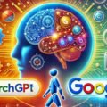 Illustration de la concurrence entre SearchGPT et Google, mettant en avant l'intelligence artificielle avec des graphismes de cerveau et des interfaces numériques modernes.