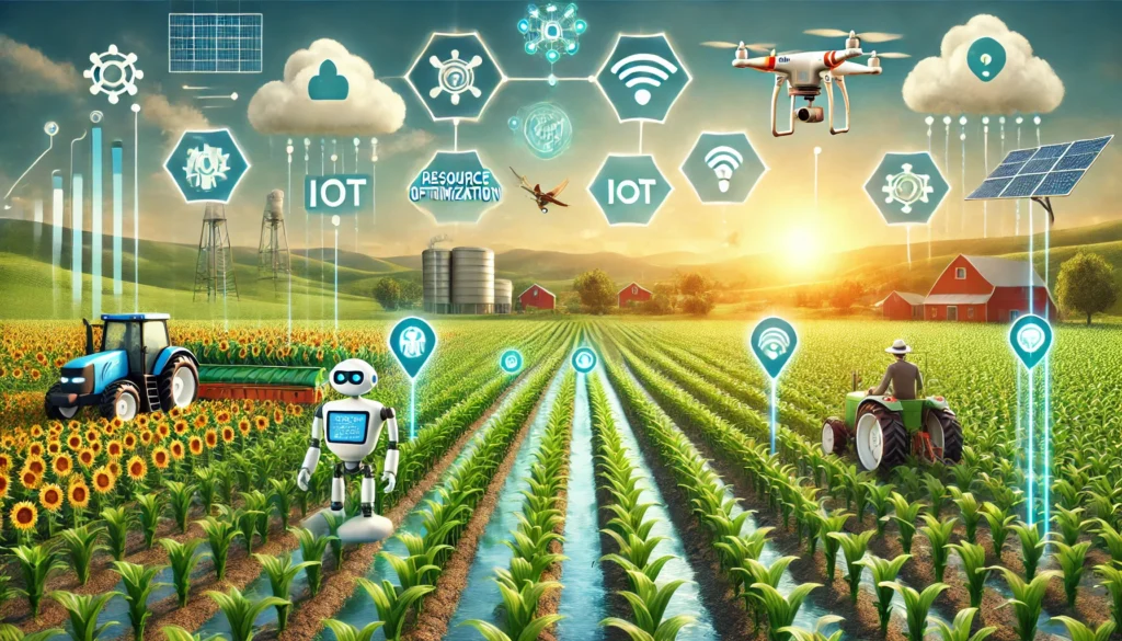 Robots et drones dans un champ agricole moderne utilisant des capteurs IoT et des systèmes d'irrigation intelligents pour illustrer l'impact de l'IA en agriculture.