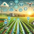 Robots et drones dans un champ agricole moderne utilisant des capteurs IoT et des systèmes d'irrigation intelligents pour illustrer l'impact de l'IA en agriculture.