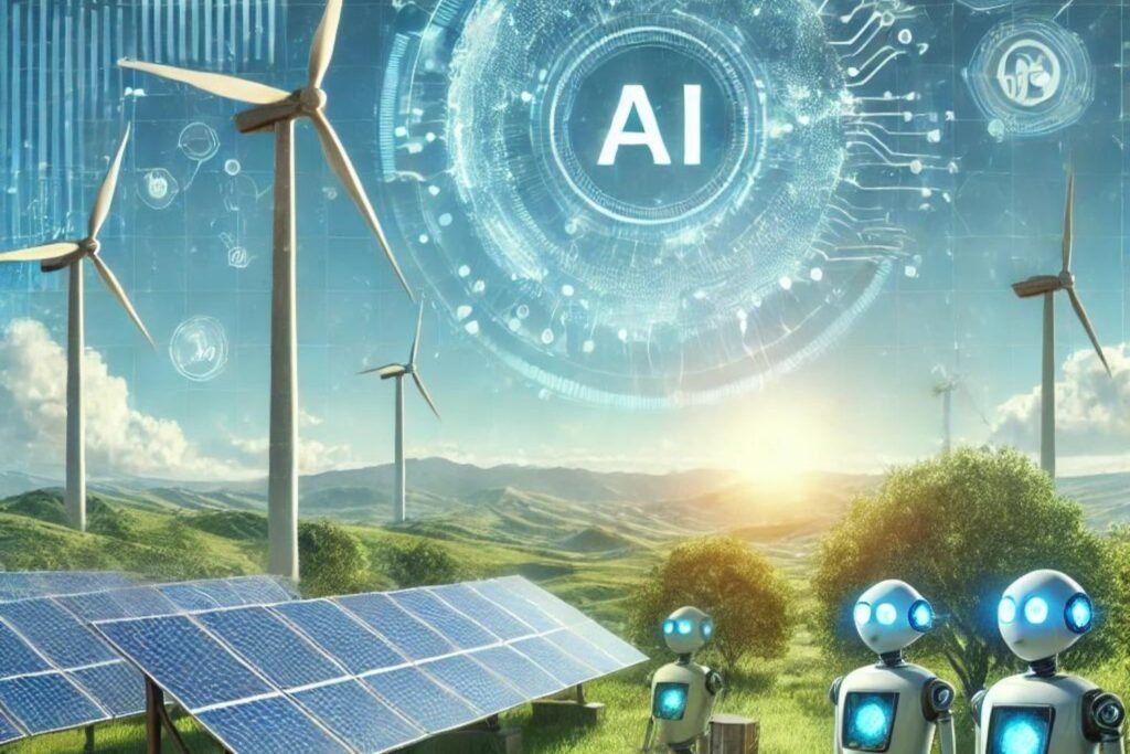 Illustration de l'intelligence artificielle optimisant des sources d'énergie renouvelable comme les éoliennes et les panneaux solaires pour réduire les émissions de carbone.