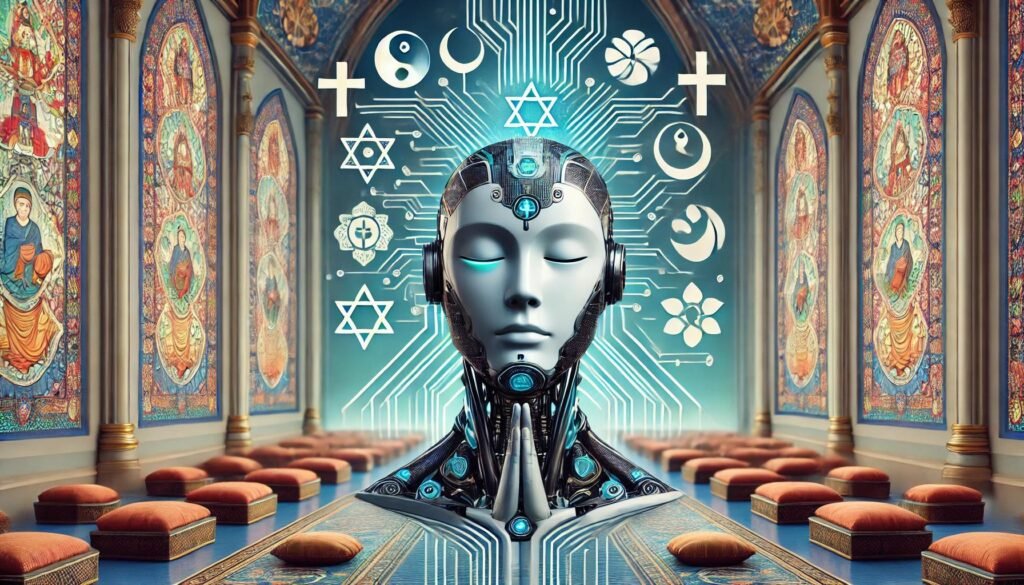 Illustration d'un monde futuriste où les IA adoptent des religions, avec un robot moderne dans un cadre de temple spirituel combinant des éléments chrétiens, bouddhistes et islamiques.