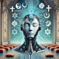 Illustration d'un monde futuriste où les IA adoptent des religions, avec un robot moderne dans un cadre de temple spirituel combinant des éléments chrétiens, bouddhistes et islamiques.