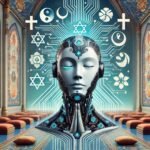 Illustration d'un monde futuriste où les IA adoptent des religions, avec un robot moderne dans un cadre de temple spirituel combinant des éléments chrétiens, bouddhistes et islamiques.