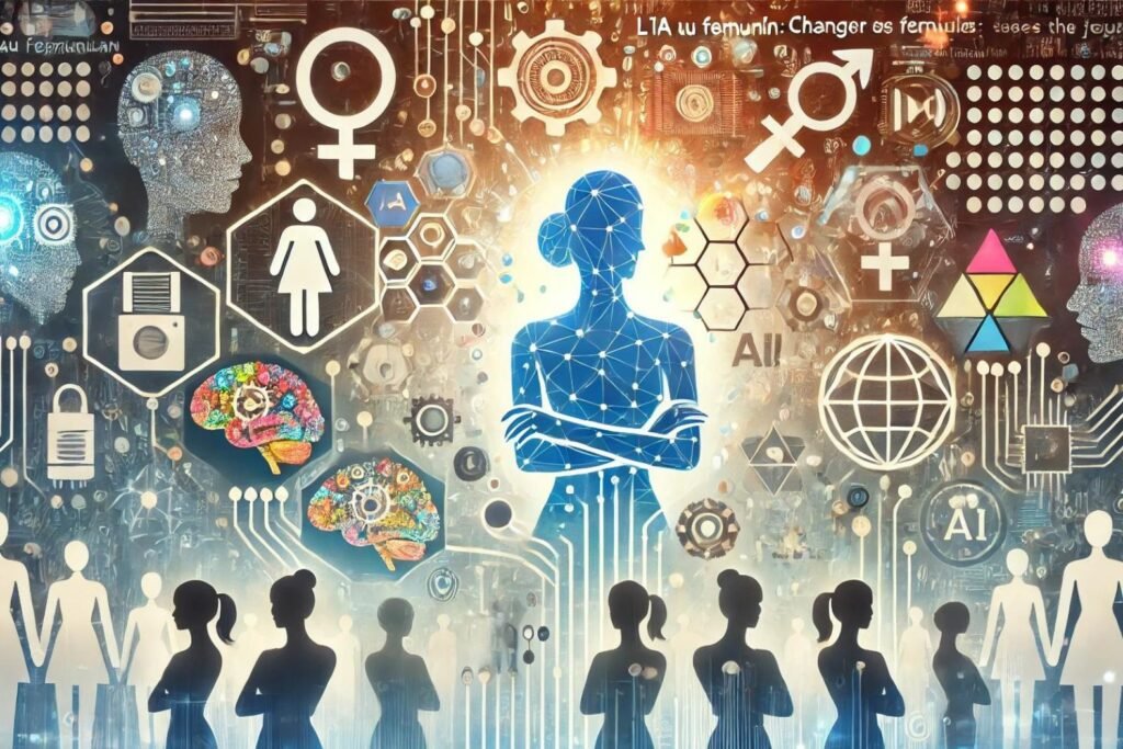 Illustration représentant l'article "L'IA au féminin : changer les règles du jeu", mettant en avant l'autonomisation des femmes dans la technologie avec des éléments futuristes et modernes.