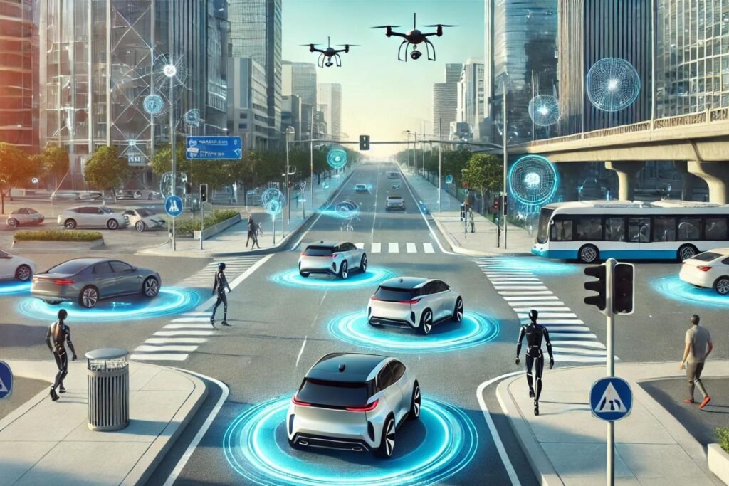 Scène urbaine futuriste avec des véhicules autonomes modernes naviguant sur une route équipée de capteurs et de panneaux de signalisation intelligents, des drones de surveillance et des piétons interagissant en toute sécurité. Ciel clair avec des bâtiments modernes en arrière-plan.