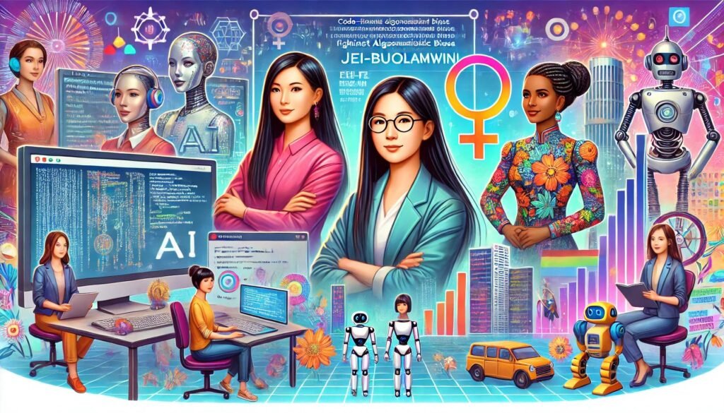 Illustration vibrante des femmes influentes en IA, incluant Fei-Fei Li et Joy Buolamwini, avec des éléments de technologie avancée et des symboles d'égalité des sexes.