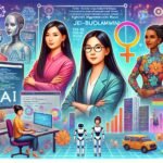 Illustration vibrante des femmes influentes en IA, incluant Fei-Fei Li et Joy Buolamwini, avec des éléments de technologie avancée et des symboles d'égalité des sexes.