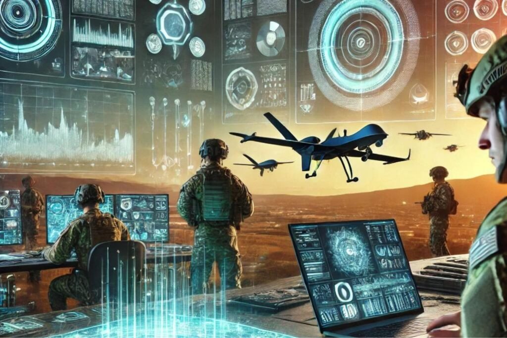 Image illustrant la transformation des armées du futur grâce à l'IA, avec des drones autonomes, des écrans d'analyse de données en temps réel, et une carte holographique de champ de bataille.