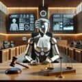 Robot juge futuriste représentant l'IA au tribunal, présidant un procès avec des écrans de données juridiques.