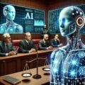 Humanoïde robotique dans un tribunal futuriste face à des juges humains, représentant la responsabilité morale des IA et leur jugement légal.