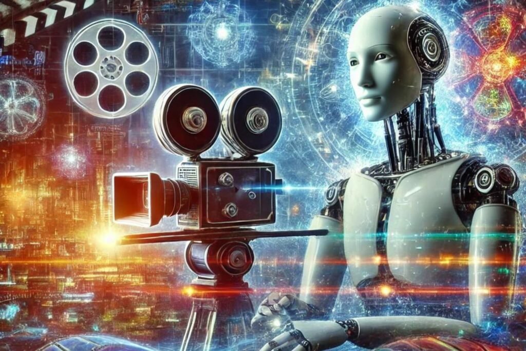 Illustration représentant la fusion entre l'intelligence artificielle et le cinéma, avec un robot tenant une caméra de cinéma entouré de code numérique et de bandes de film holographiques.