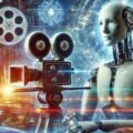 Illustration représentant la fusion entre l'intelligence artificielle et le cinéma, avec un robot tenant une caméra de cinéma entouré de code numérique et de bandes de film holographiques.