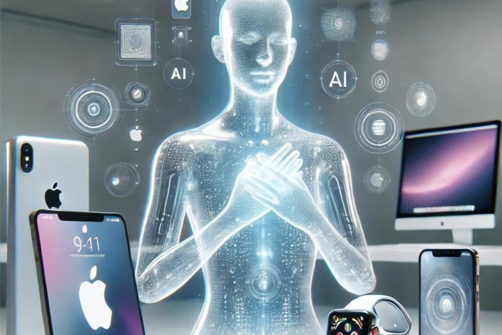 Illustration de l'intelligence personnelle d'Apple avec une IA transparente interagissant avec un iPhone, un MacBook et une Apple Watch dans un environnement moderne et sécurisé.