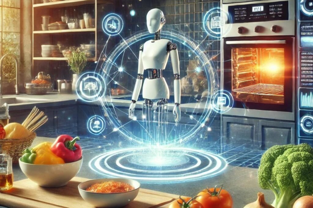 Image d'une cuisine moderne avec des appareils intelligents, un bras robotisé, et des ingrédients frais illustrant la révolution alimentaire grâce à l'IA.