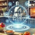 Image d'une cuisine moderne avec des appareils intelligents, un bras robotisé, et des ingrédients frais illustrant la révolution alimentaire grâce à l'IA.