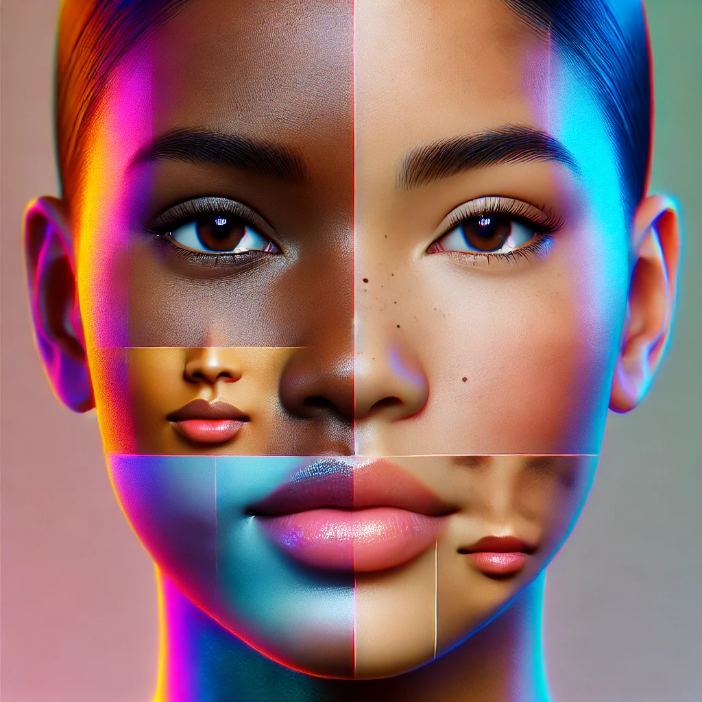 Affiche du concours 'Crée ton Influenceur Virtuel', illustrant un visage digital multiculturel et futuriste aux traits diversifiés