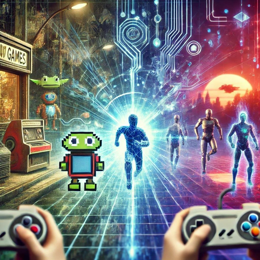 Illustration représentant l'évolution de l'intelligence artificielle (IA) et des jeux vidéo, avec des personnages pixelisés et des PNJ modernes.