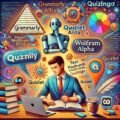 Illustration représentant cinq outils d'IA qui facilitent la vie des étudiants en informatique, incluant Grammarly, Wolfram Alpha, Quizlet, QuillBot et Duolingo.