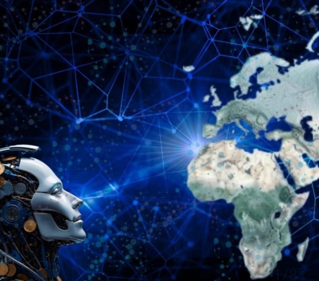 Robot humanoïde connecté à un réseau global numérique avec une carte du monde.